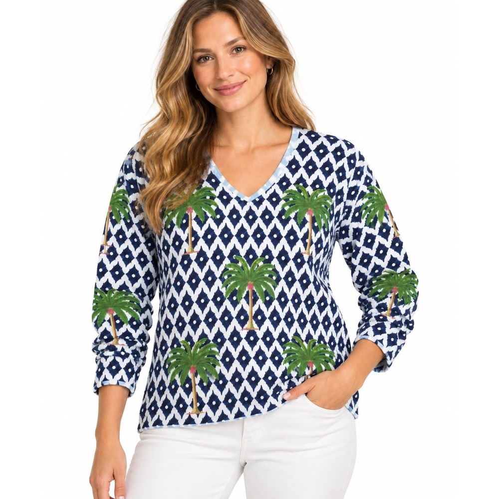 Vilagallo Womens Blue White Ikat Palm Tree V-Neck Cotton Blend Sweater Size S
